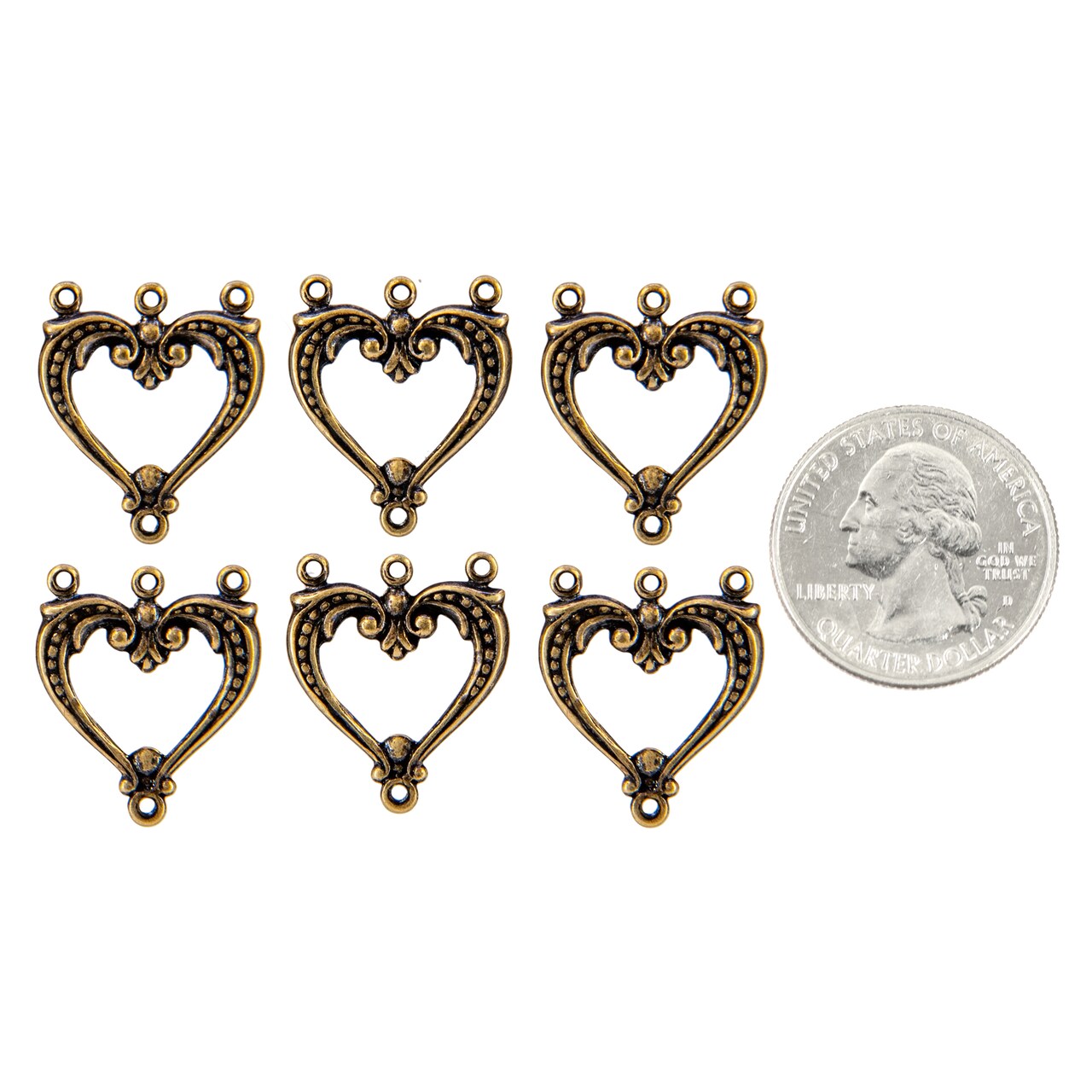 Antiqued Brass Four Ring Heart Shaped Connectors, Set of Six - AB-4C13